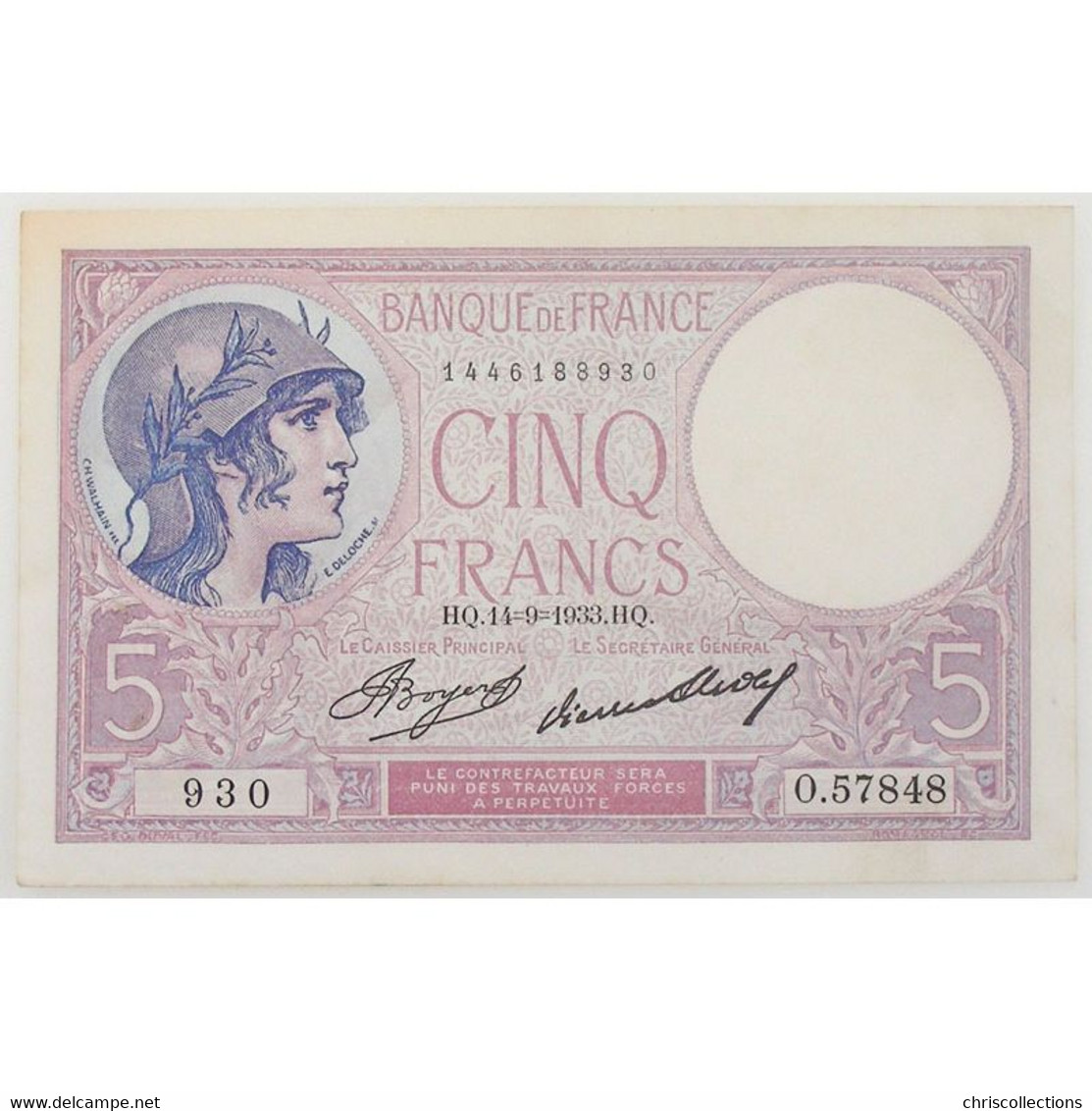 5 Francs Violet 14.9.1933 , O.57848, TTB/SUP - 5 F 1917-1940 ''Violet''