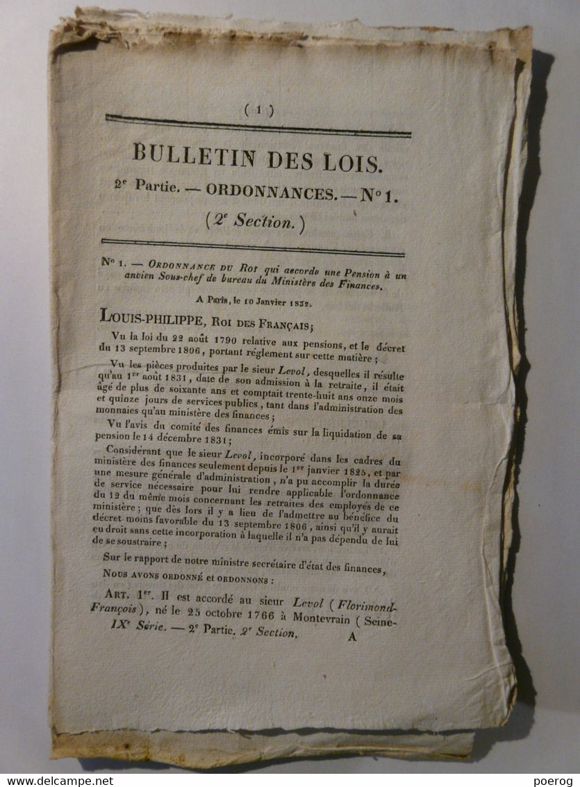 BULLETIN DE LOIS De 1832 PENSIONS MILITAIRE ET FONTIONNAIRES - LEGS LA BELLIERE MANTES LA VILLE VIARMES NOUVION (AISNE) - Wetten & Decreten
