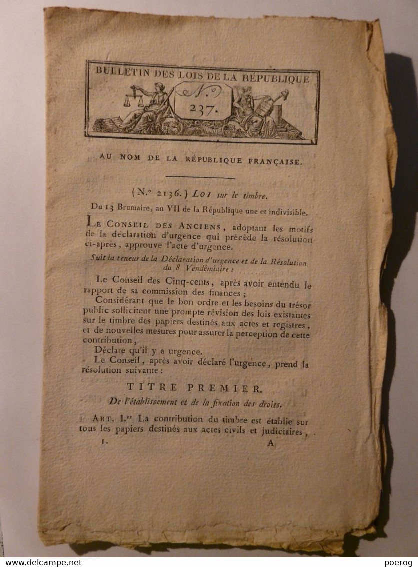 BULLETIN DES LOIS De 1798 - LOI SUR LE TIMBRE DU 13 BRUMAIRE AN VII (3 NOVEMBRE 1798) - Decrees & Laws