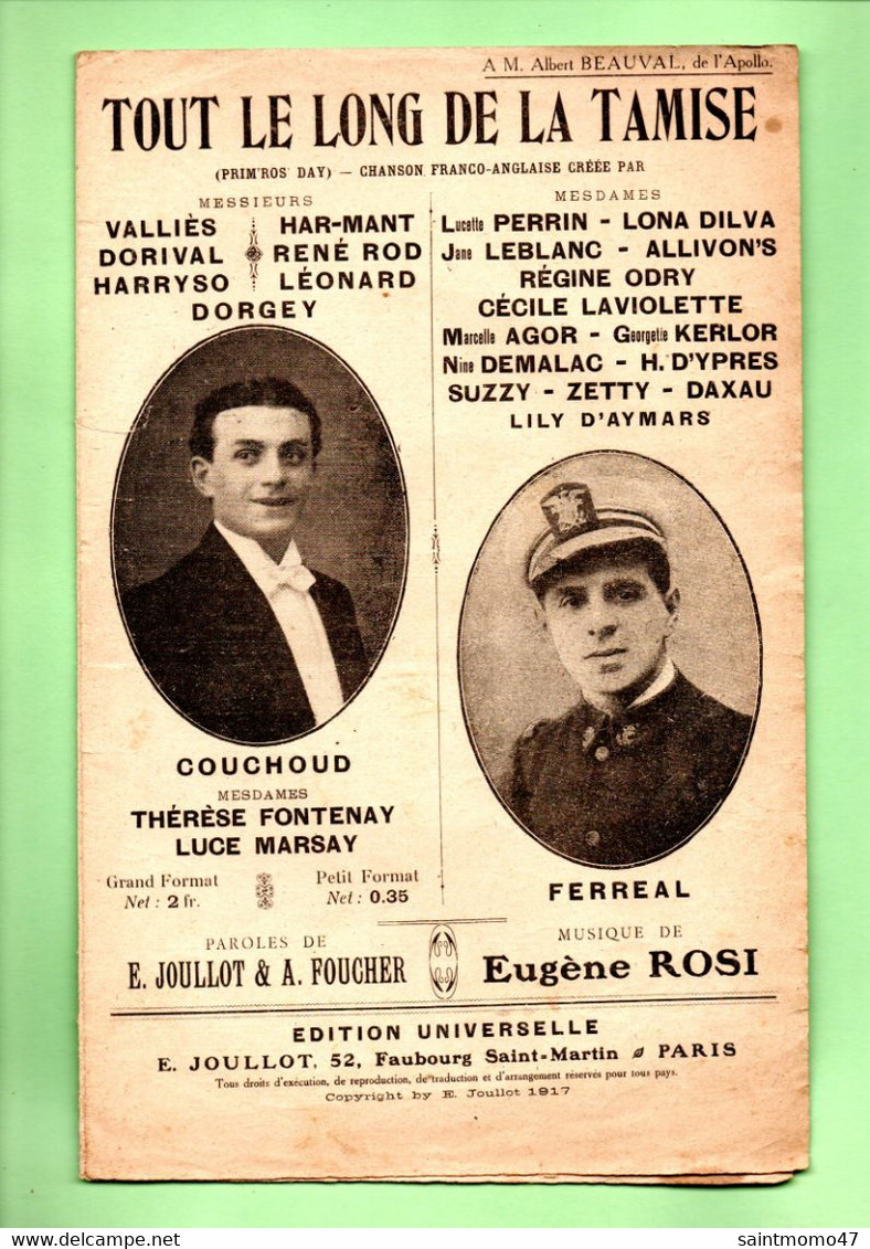 PARTITION . CHANSON . L'APOLLO . " TOUT LE LONG DE LA TAMISE " . VALLIÈS, HART-MANT, LUCETTE PERRIN - Réf. N°87G - - Partitions Musicales Anciennes