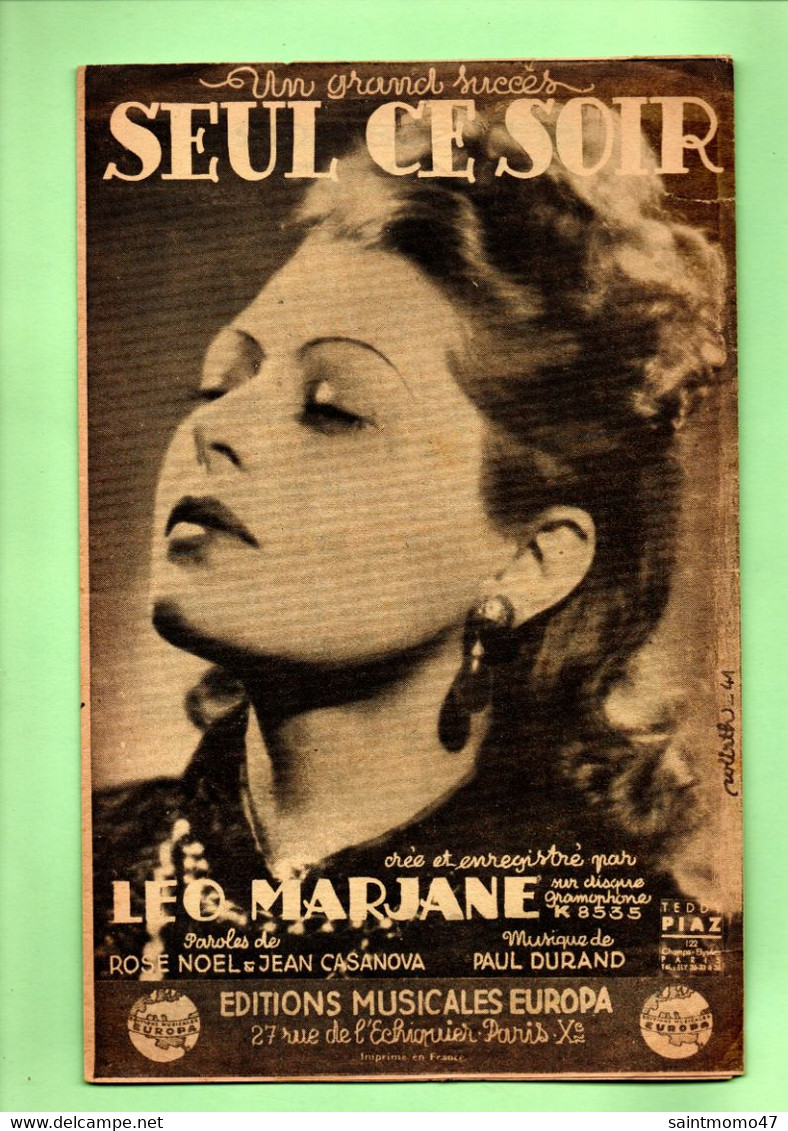 PARTITION . CHANSON . " SEUL CE SOIR " . LÉO MARJANE - Réf. N°88G - - Partitions Musicales Anciennes