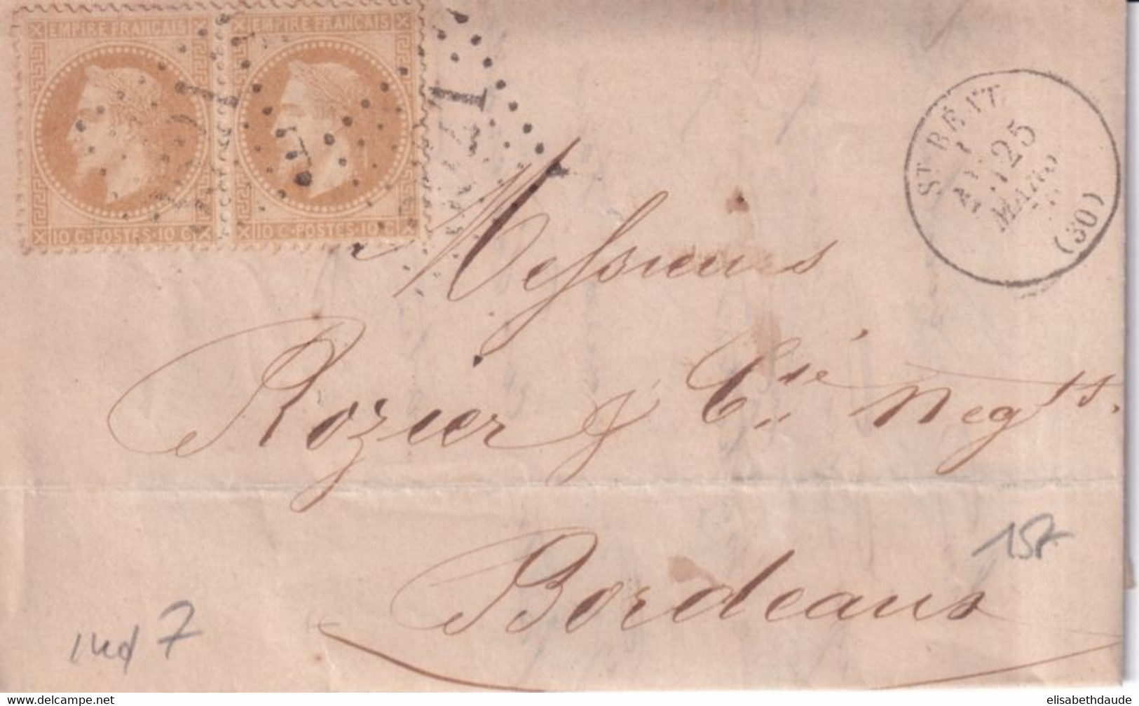 1870 - HAUTE GARONNE - EMPIRE LAURE 10c En PAIRE - GC 3521 De ST BEAT Sur LETTRE => BORDEAUX - 1849-1876: Klassieke Periode