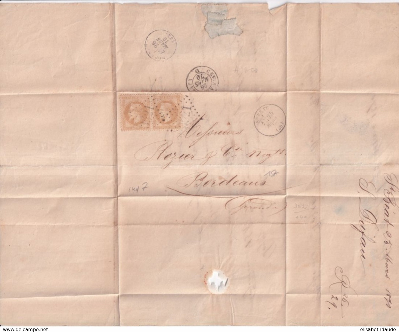 1870 - HAUTE GARONNE - EMPIRE LAURE 10c En PAIRE - GC 3521 De ST BEAT Sur LETTRE => BORDEAUX - 1849-1876: Klassieke Periode