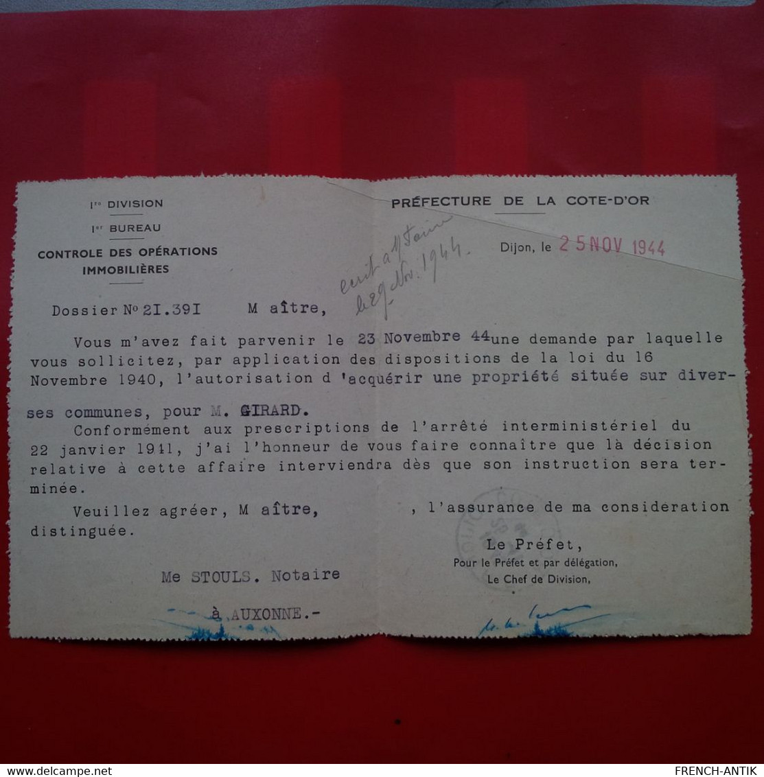 LETTRE DIJON POUR AUXONNE PREFECTURE DE LA COTE D OR 1ERE DIVISION 1944 - Cartas & Documentos