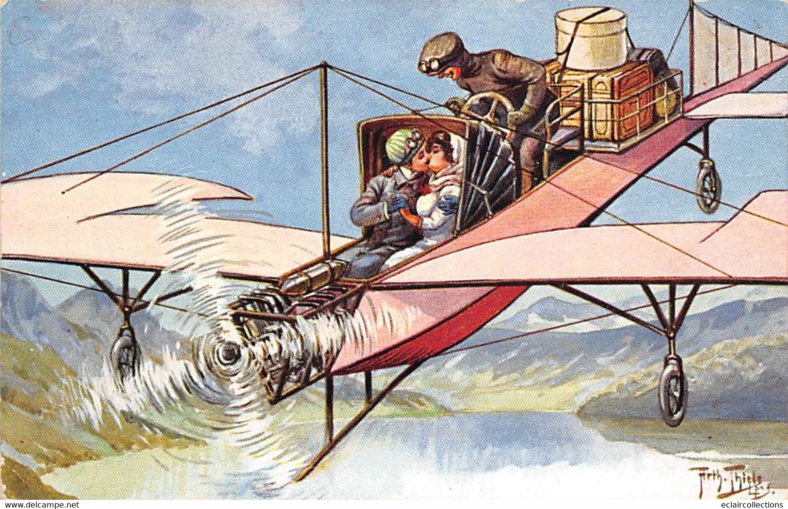 Illustrateur  Arthur Thiele Couple S'embrassant Dans Un Monoplan  Avec Bagages Et Pilote Voyeur   (voir Scan) - Thiele, Arthur