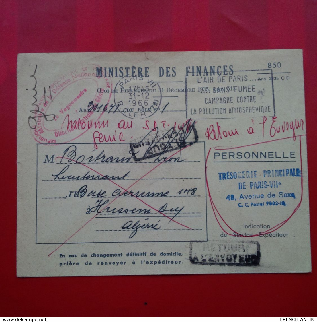 LETTRE PARIS POUR ALGERIE MINISTERE DES FINANCES CACHET RETOUR A L ENVOYEUR - Cartas & Documentos