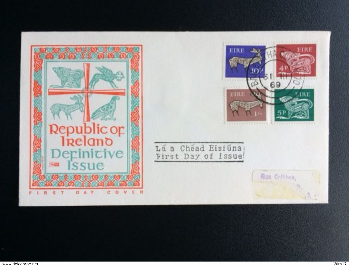 IRELAND 1969 FDC DEFINITIVES WITH ADDRESS STICKER IERLAND - Maximumkarten