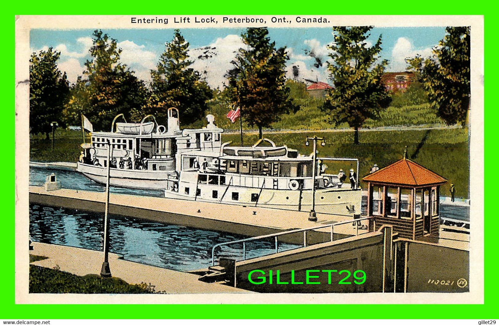 PETERBOROUGH, ONTARIO - ENTERING LIFT LOCK - ANIMATED WITH BOATS - PUB. BY VALENTINE-BLACK CO LTD - TRAVEL 1932 - - Peterborough