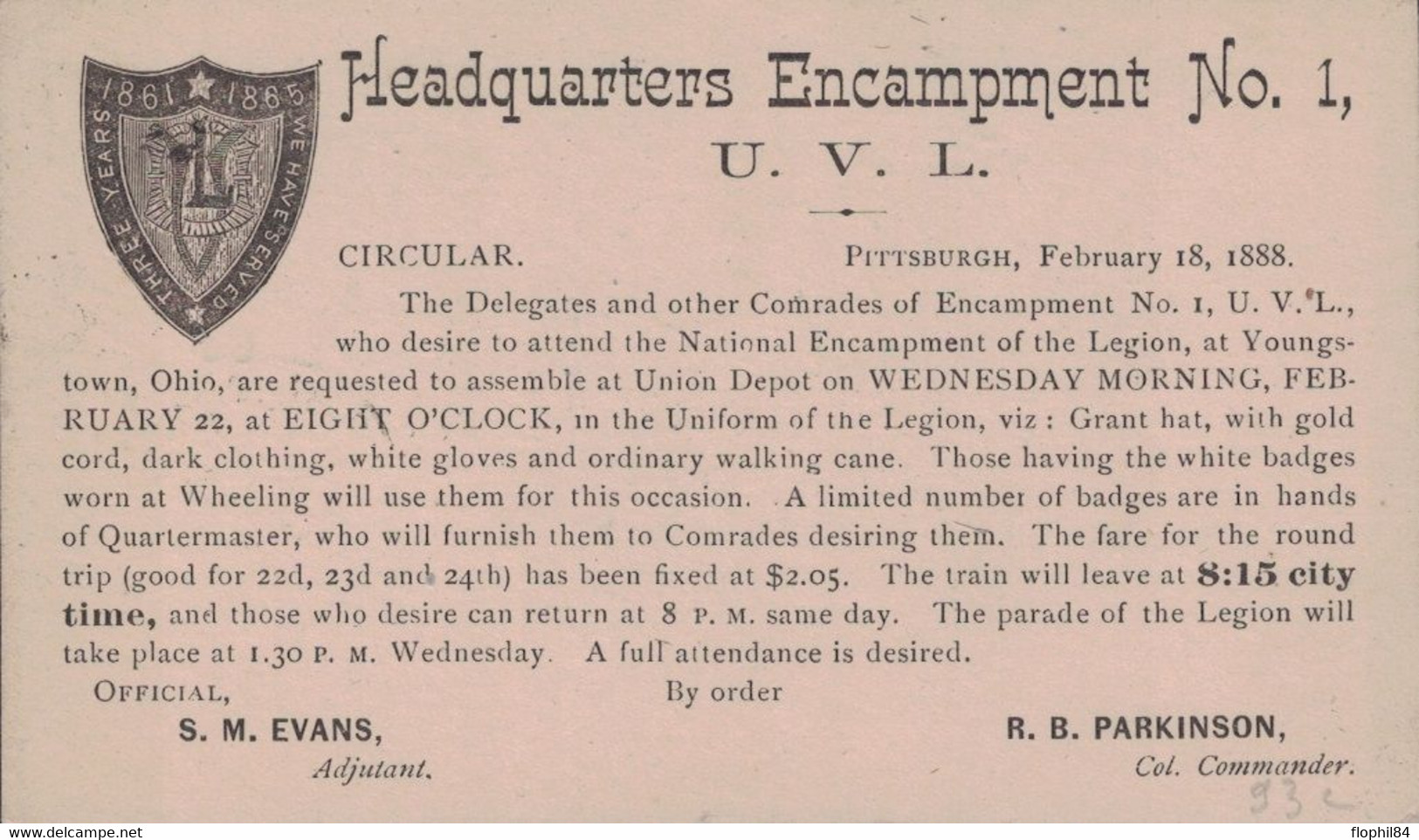 ETATS-UNIS - PITTSBURGH - REPIQUAGE - HEADQUARTERS ENCAMPMENT N°1 - CIRCULAR - R.B.PARKINSON COL.COMMENADER -2-2-1888. - ...-1900