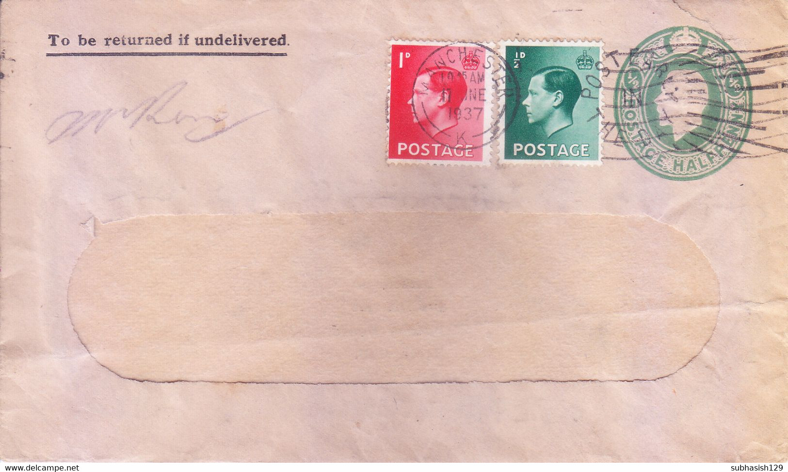 GREAT BRITAIN : HALF PENNY POSTAGE PRE PAID WINDOW ENVELOPE : YEAR 1937 : UPRATED BY STAMPS : SLOGAN POST MARK - Storia Postale