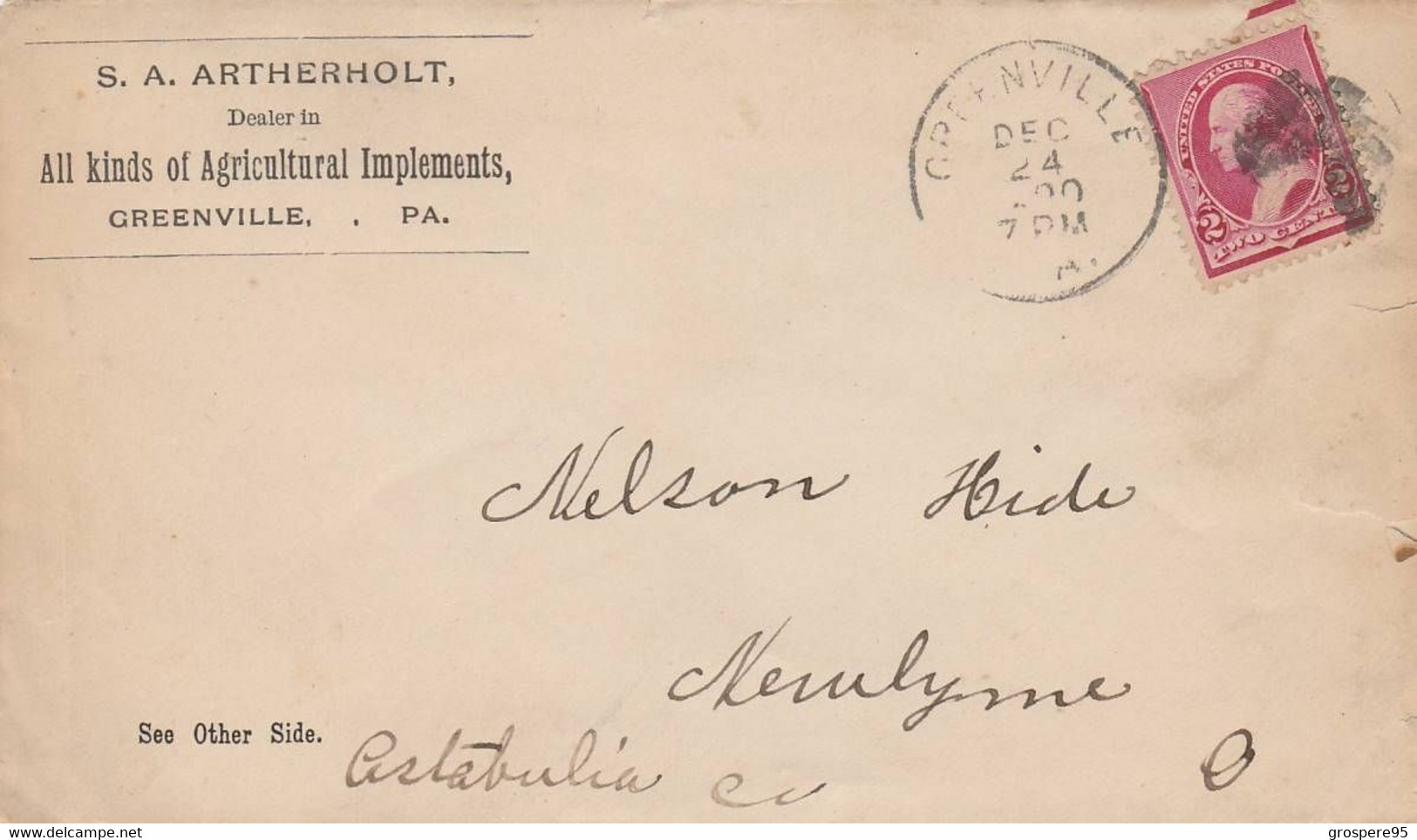 GREENVILLE  S.A.ARTHERHOLT ALL KINDS OF AGRICULTURAL IMPLEMENTS ENVELOPPE AVEC PUB VERSO 1900 - Sonstige & Ohne Zuordnung