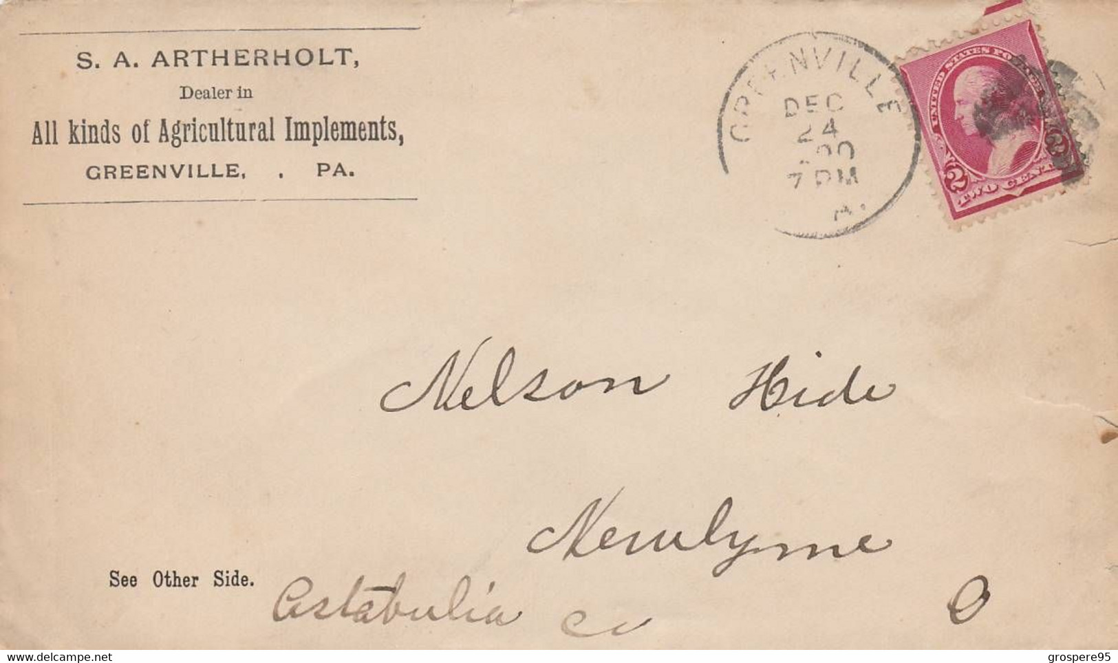 GREENVILLE  S.A.ARTHERHOLT ALL KINDS OF AGRICULTURAL IMPLEMENTS ENVELOPPE AVEC PUB VERSO 1900 - Altri & Non Classificati