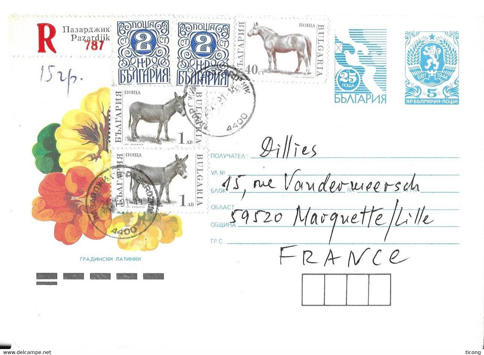 PAZARDIJK BULGARIE 1991 - ENTIER POSTAL RECOMMANDE  FLEURS , TIMBRES ANES ET CHEVAL POUR LA FRANCE, VOIR LES SCANNERS - Storia Postale