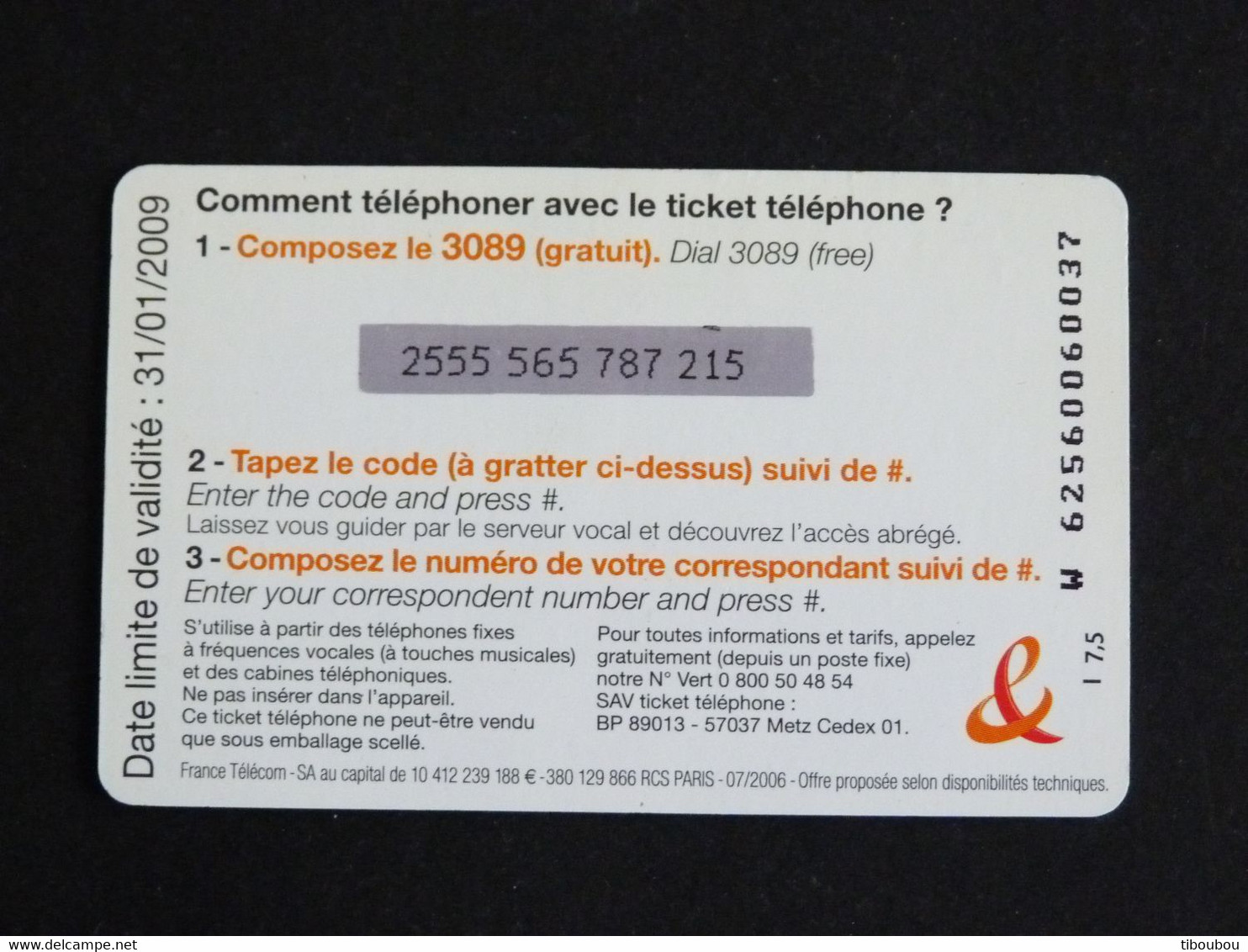 TELECARTE TICKET TELEPHONE INTERNATIONAL 7,5 EUROS FRANCE TELECOM - FT