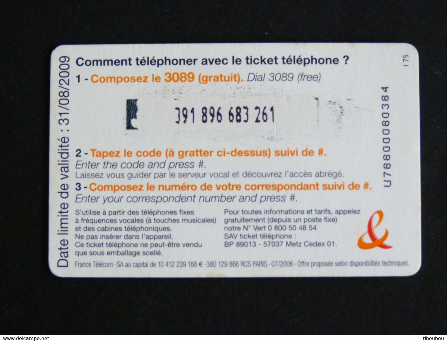 TELECARTE TICKET TELEPHONE INTERNATIONAL 7,5 EUROS FRANCE TELECOM - FT