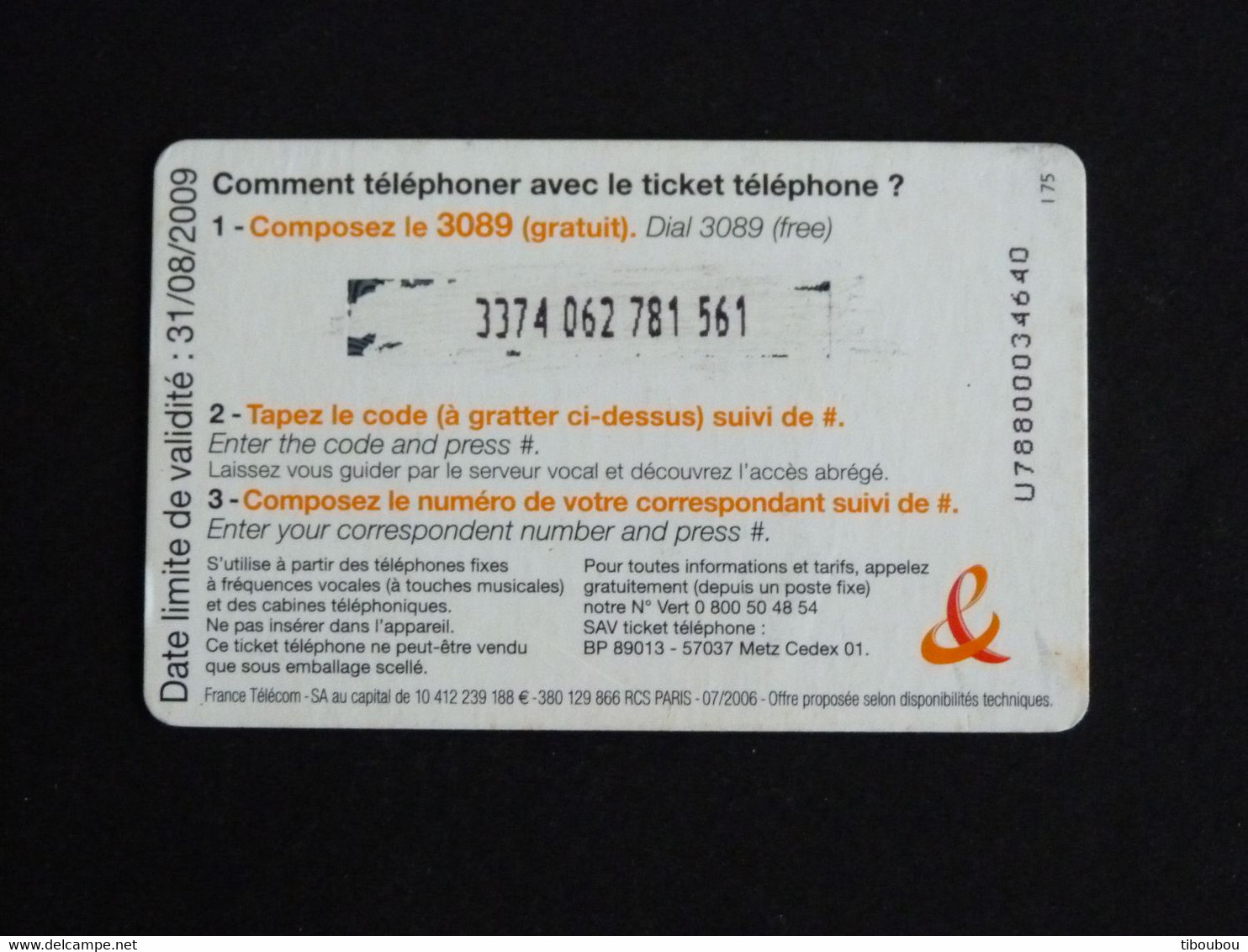 TELECARTE TICKET TELEPHONE INTERNATIONAL 7,5 EUROS FRANCE TELECOM - Tickets FT