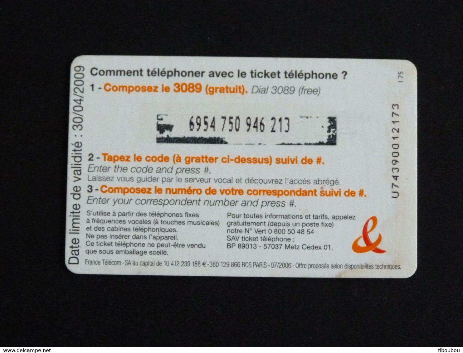 TELECARTE TICKET TELEPHONE INTERNATIONAL 7,5 EUROS FRANCE TELECOM - FT