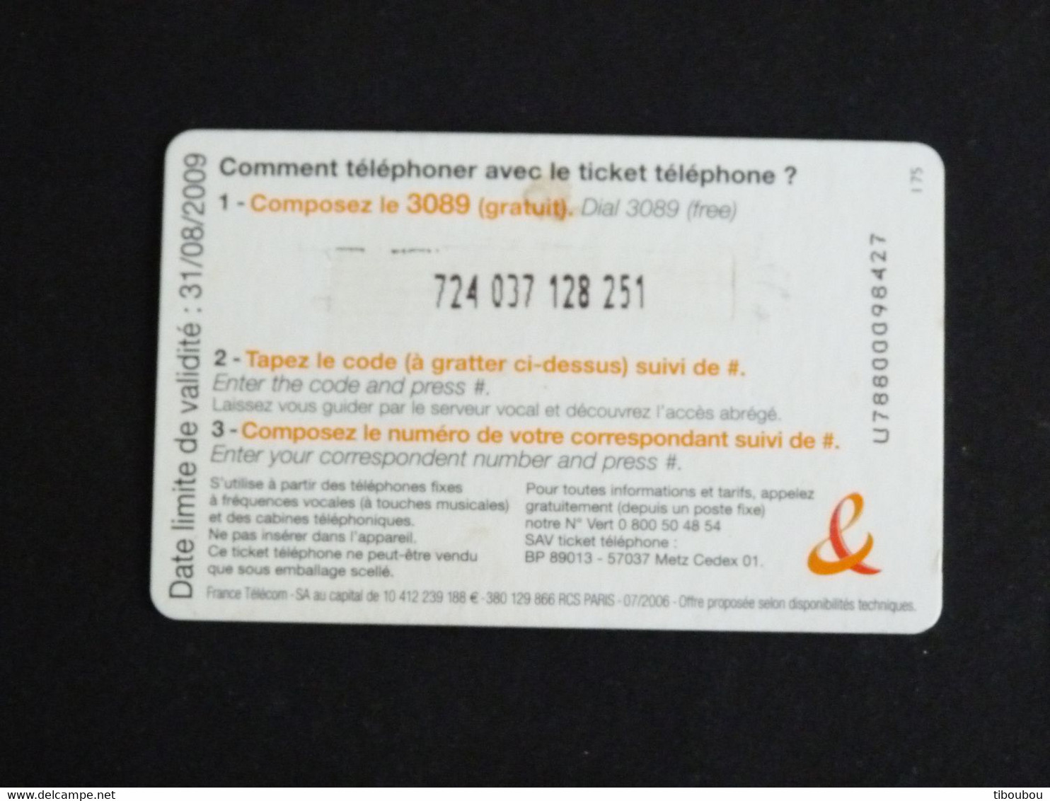 TELECARTE TICKET TELEPHONE INTERNATIONAL 7,5 EUROS FRANCE TELECOM - Billetes FT