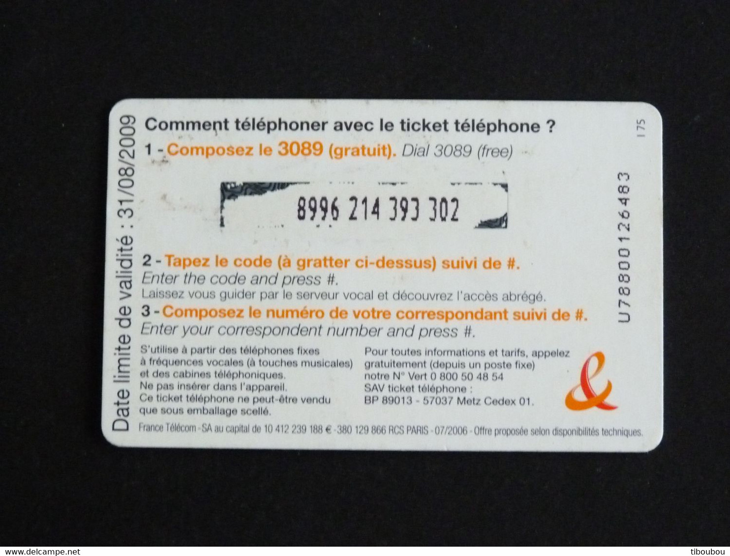 TELECARTE TICKET TELEPHONE INTERNATIONAL 7,5 EUROS FRANCE TELECOM - Tickets FT