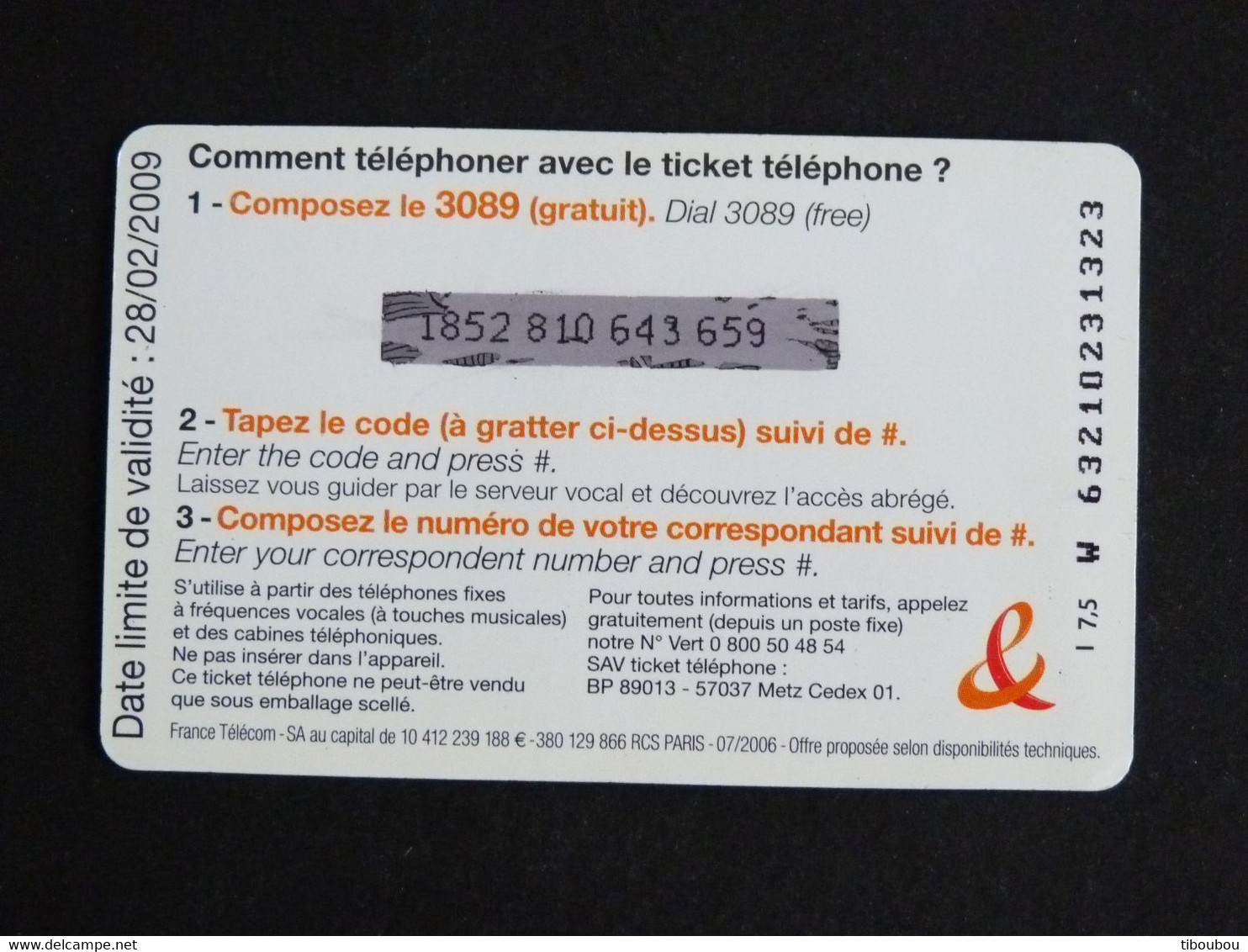 TELECARTE TICKET TELEPHONE INTERNATIONAL 7,5 EUROS FRANCE TELECOM - FT