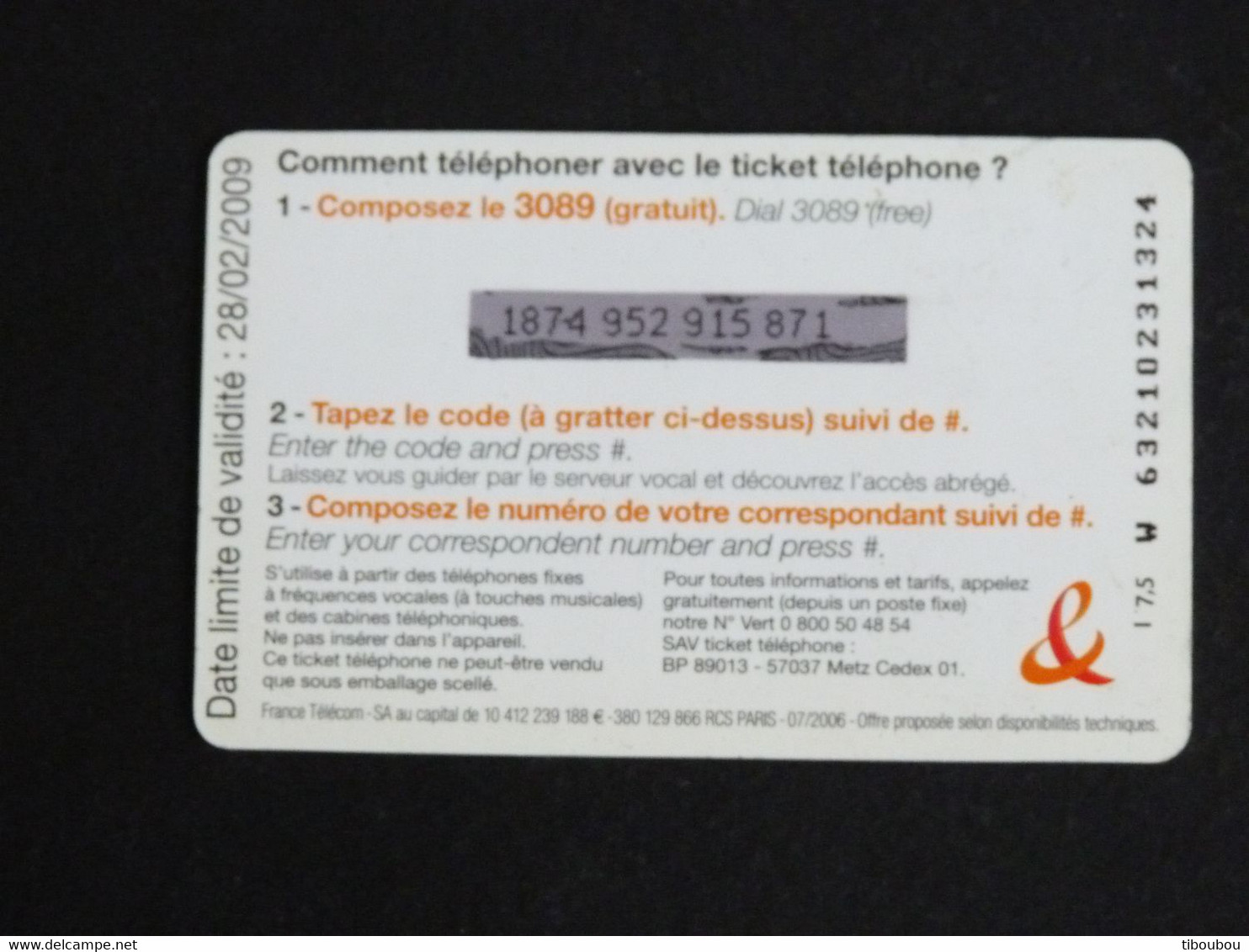 TELECARTE TICKET TELEPHONE INTERNATIONAL 7,5 EUROS FRANCE TELECOM - FT