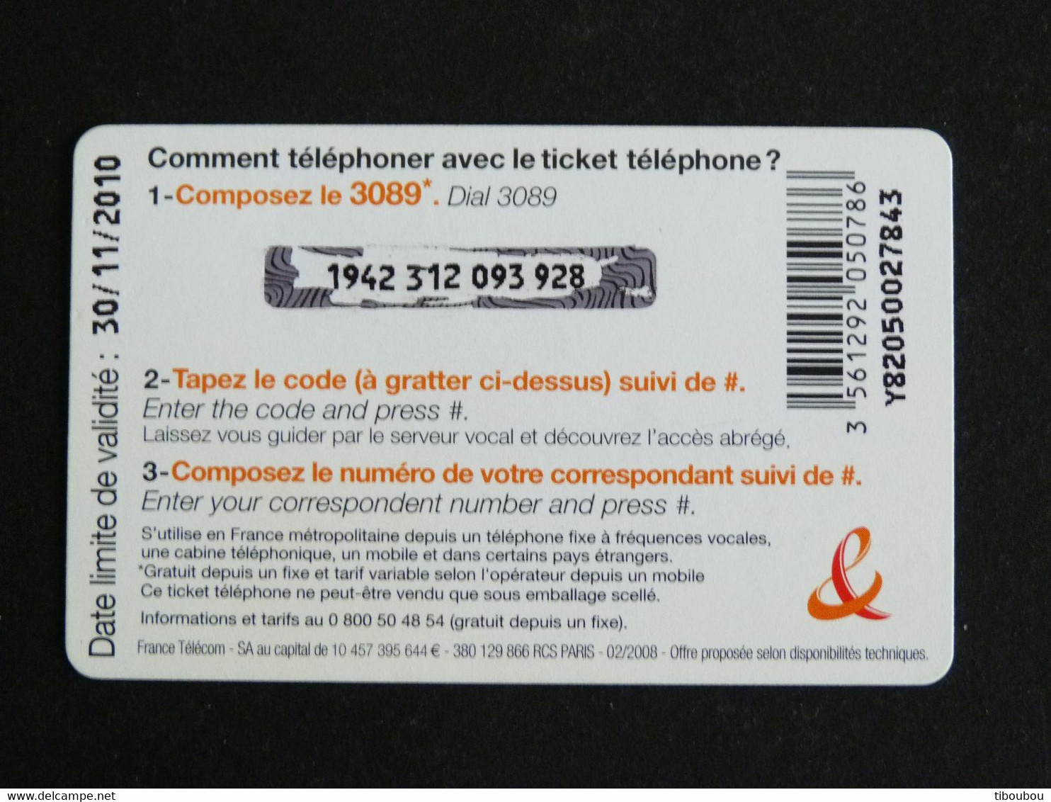 TELECARTE TICKET TELEPHONE ALIZES 5 EUROS FRANCE TELECOM - FT