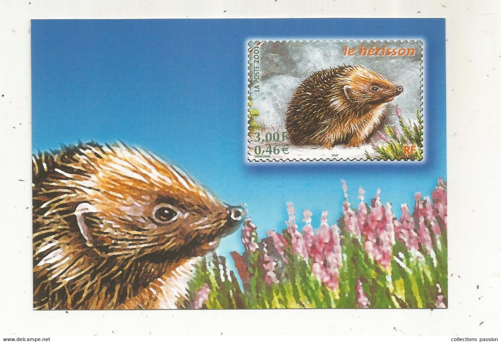 Cp,  Représentation De Timbre, LE HERISSON ,LA POSTE 2001 ,les Animaux Des Bois, 2 Scans - Stamps (pictures)