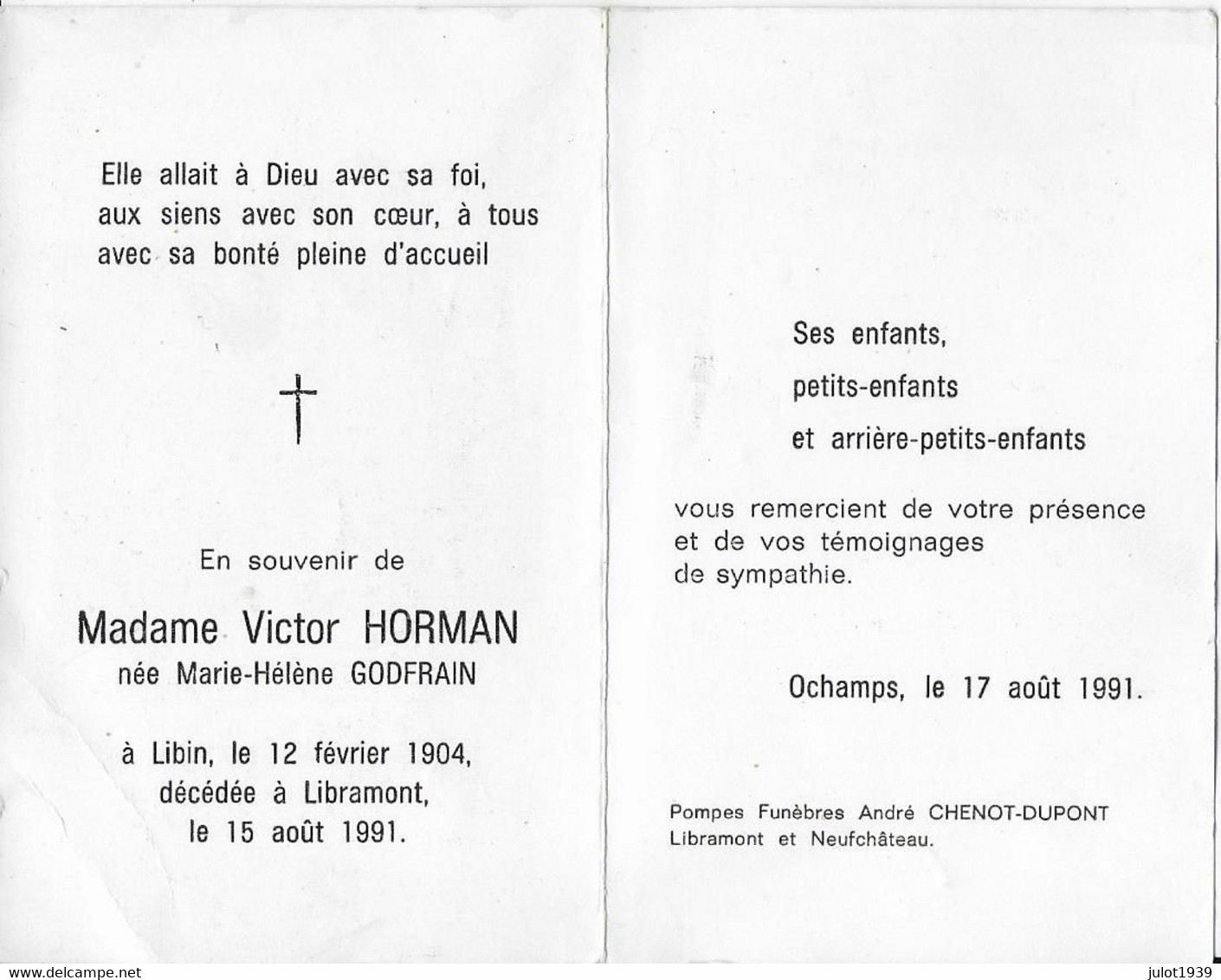 LIBIN ..-- Mme Marie-Hélène GODFRAIN , épouse De Mr Victor HORMAN , Née En 1904 , Décédée En 1991 à LIBRAMONT . - Libin