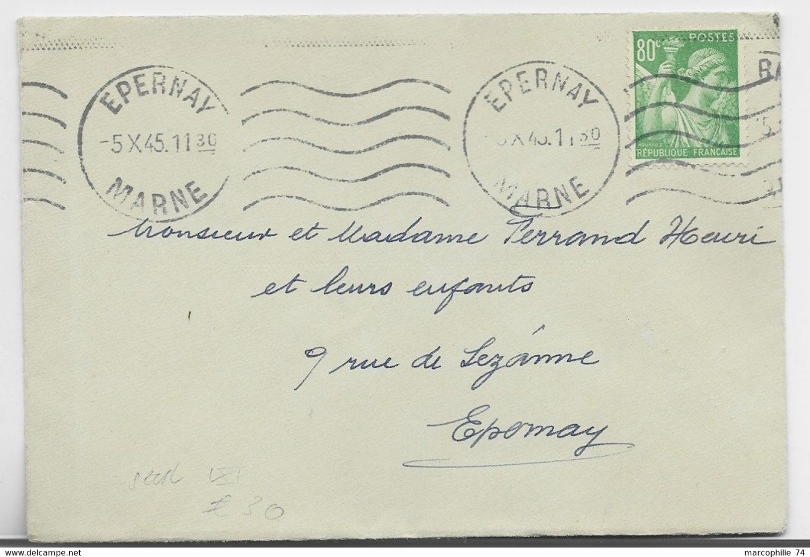 FRANCE IRIS 80C VERT SEUL MIGNONNETTE EPERNAY 5.X.1945 MARNE AU TARIF PEU COMMUN - 1939-44 Iris
