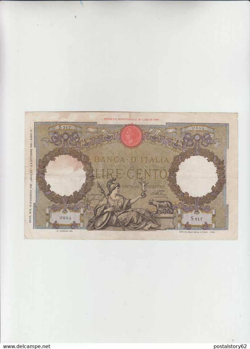 Regno D'Italia, Banconota Banca D'Italia  Lire 100 Roma Guerriera Fascio - Dec. 16 Dicembre 1936 - 100 Liras