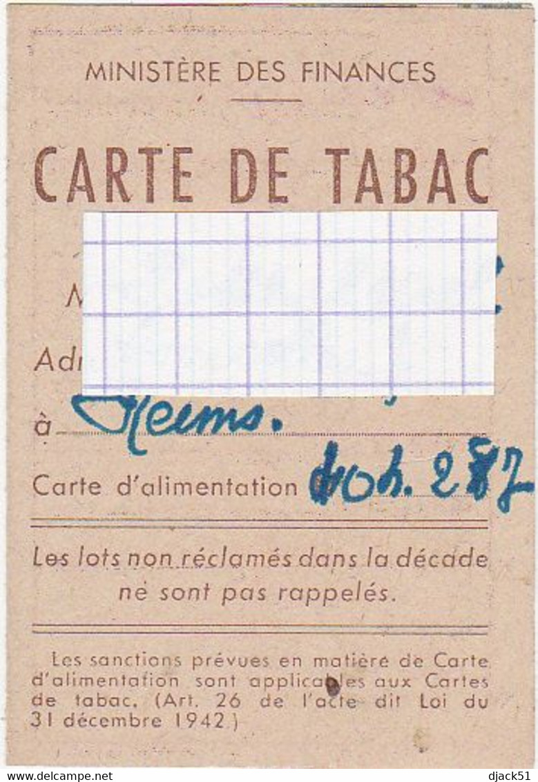 Ancienne Carte De Tabac - 1947 (Reims) - Matériel Et Accessoires