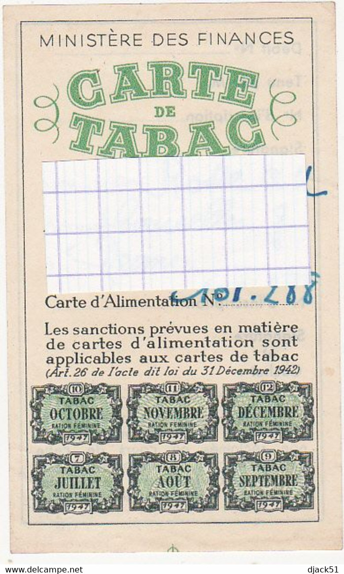 Ancienne Carte De Tabac - 1947 (Reims) - Supplies And Equipment