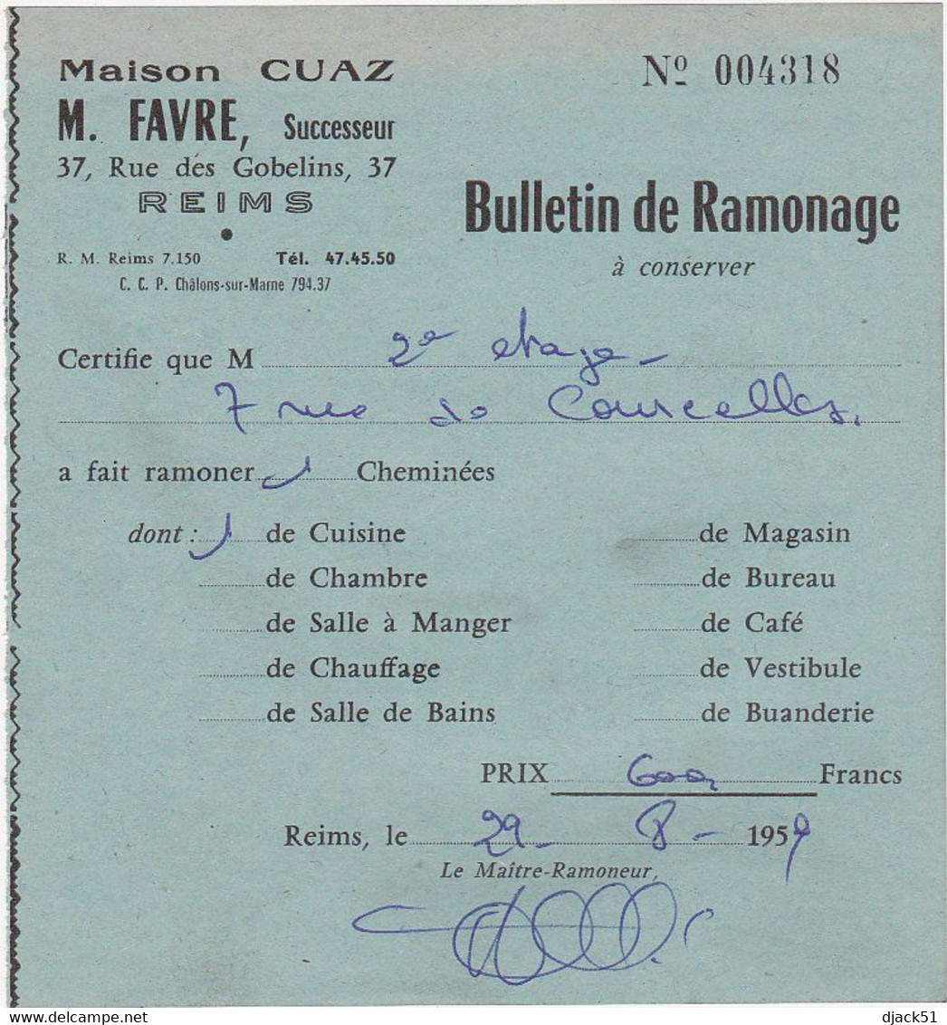 Lot De 6 Anciens Bulletin De Ramonage - Maison CUAZ M. FAVRE REIMS (51) - 1955 à 1960 - Matériel Et Accessoires