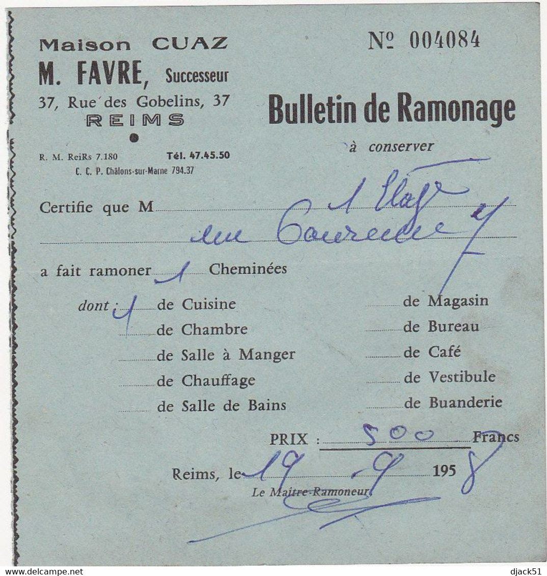 Lot De 6 Anciens Bulletin De Ramonage - Maison CUAZ M. FAVRE REIMS (51) - 1955 à 1960 - Material Y Accesorios