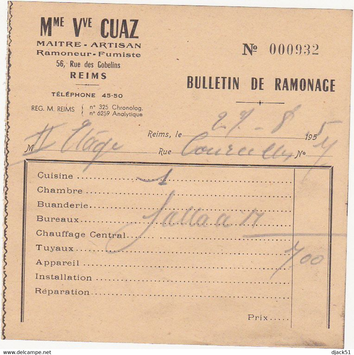 Lot De 6 Anciens Bulletin De Ramonage - Maison CUAZ M. FAVRE REIMS (51) - 1955 à 1960 - Matériel Et Accessoires