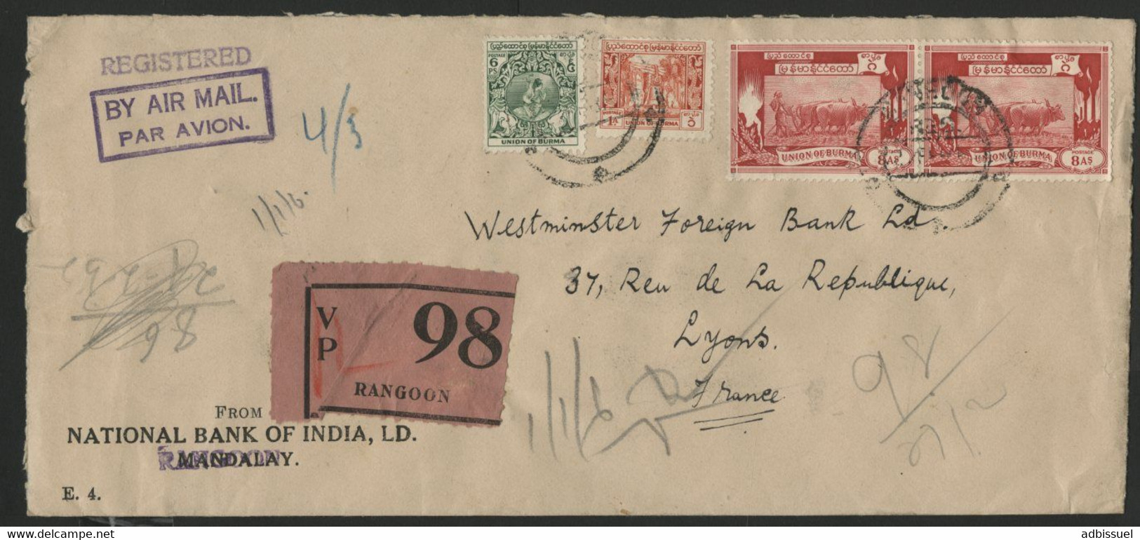 BIRMANIE MYANMAR N° 34 + 36 + 42 (x2) Sur Enveloppe RECOMMANDE DE RANGOON EN 1952 Pour LYON (voir Description) - Myanmar (Burma 1948-...)