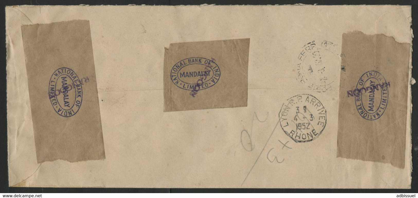 BIRMANIE MYANMAR N° 34 + 36 + 42 (x2) Sur Enveloppe RECOMMANDE DE RANGOON EN 1952 Pour LYON (voir Description) - Myanmar (Burma 1948-...)