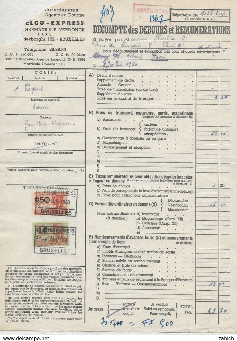 FISCAUX BELGIQUE Facture 1950 - Documenti