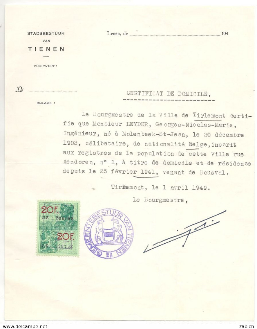 FISCAUX BELGIQUE Certificat De Domicile 1949 - Documentos