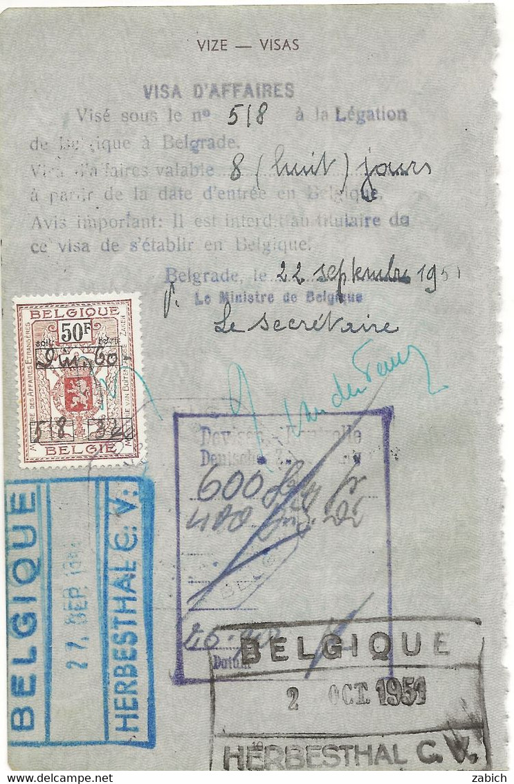 FISCAUX BELGIQUE 50F Visa D'affaires 1951 - Dokumente