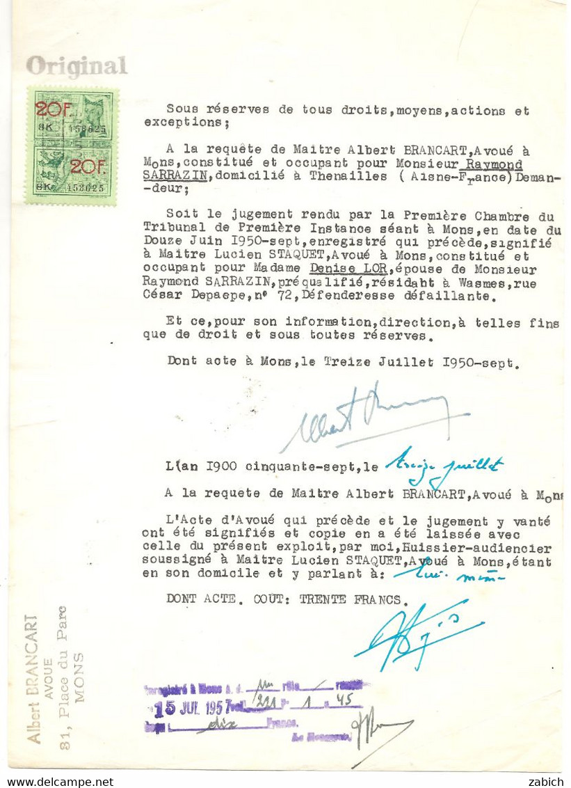 FISCAUX BELGIQUE 20F Sur Acte D'huissier 1957 - Documents