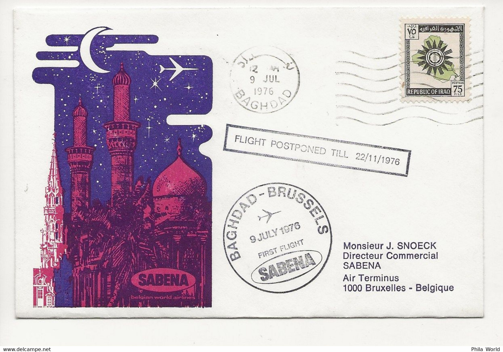 SABENA 1976 Baghdad Brussels CRASH AIRMAIL COVER VOL AVION ACCIDENTE REPORTE CACHET ROUGE ANNULE VLUCHT AFGELAST - Aerei