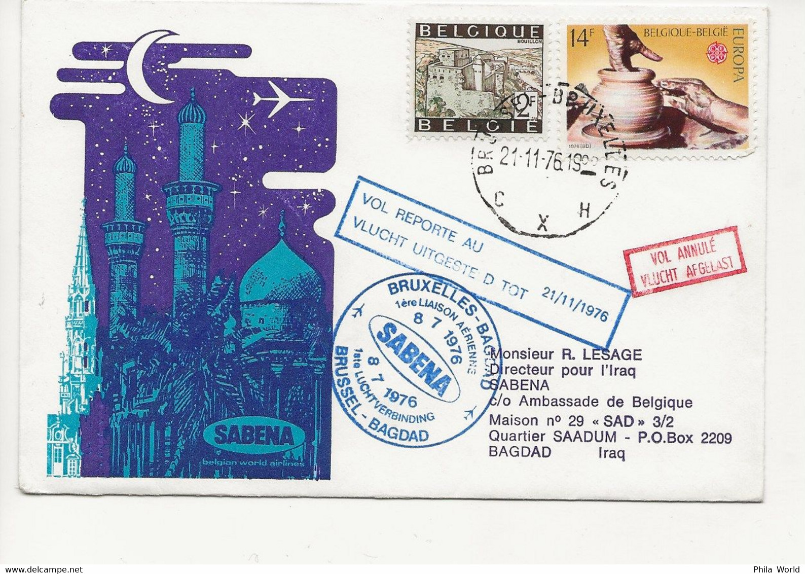 SABENA CRASH AIRMAIL COVER VOL AVION ACCIDENTE VOL Bruxelles Bagdad IRAK FLIGHT POSTPONED TILL 22 / 11 / 1976 - Aerei