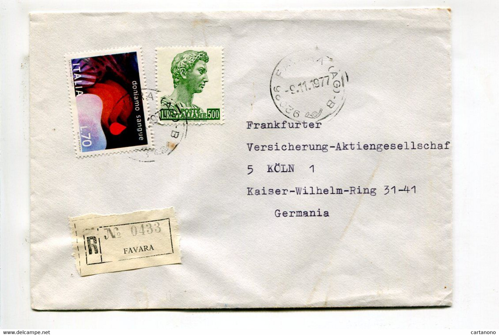 ITALIE Favara 1977 - Affranchissement Sur Lettre Recommandée Pour L'Allemagne - Don Du Sang - Maschinenstempel (EMA)