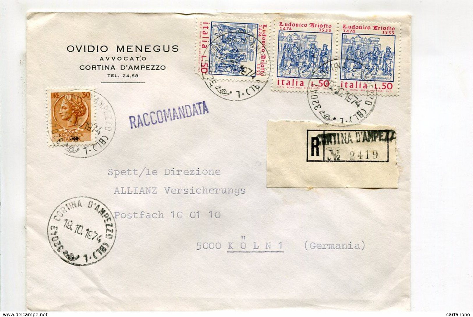 ITALIE Cortina D'Ampezzo 1974 - Affranchissement Sur Lettre Recommandée Pour L'Allemagne - - Maschinenstempel (EMA)