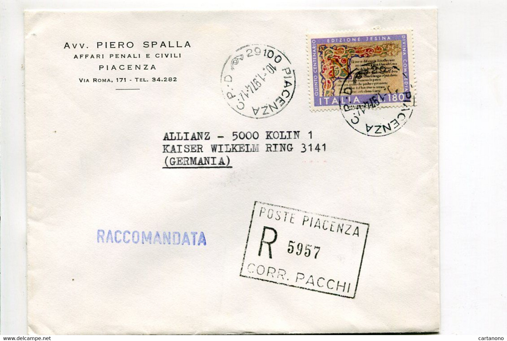 ITALIE Piacenza  1974 - Affranchissement Seul Sur Lettre Recommandée Pour L'Allemagne - - Machines à Affranchir (EMA)