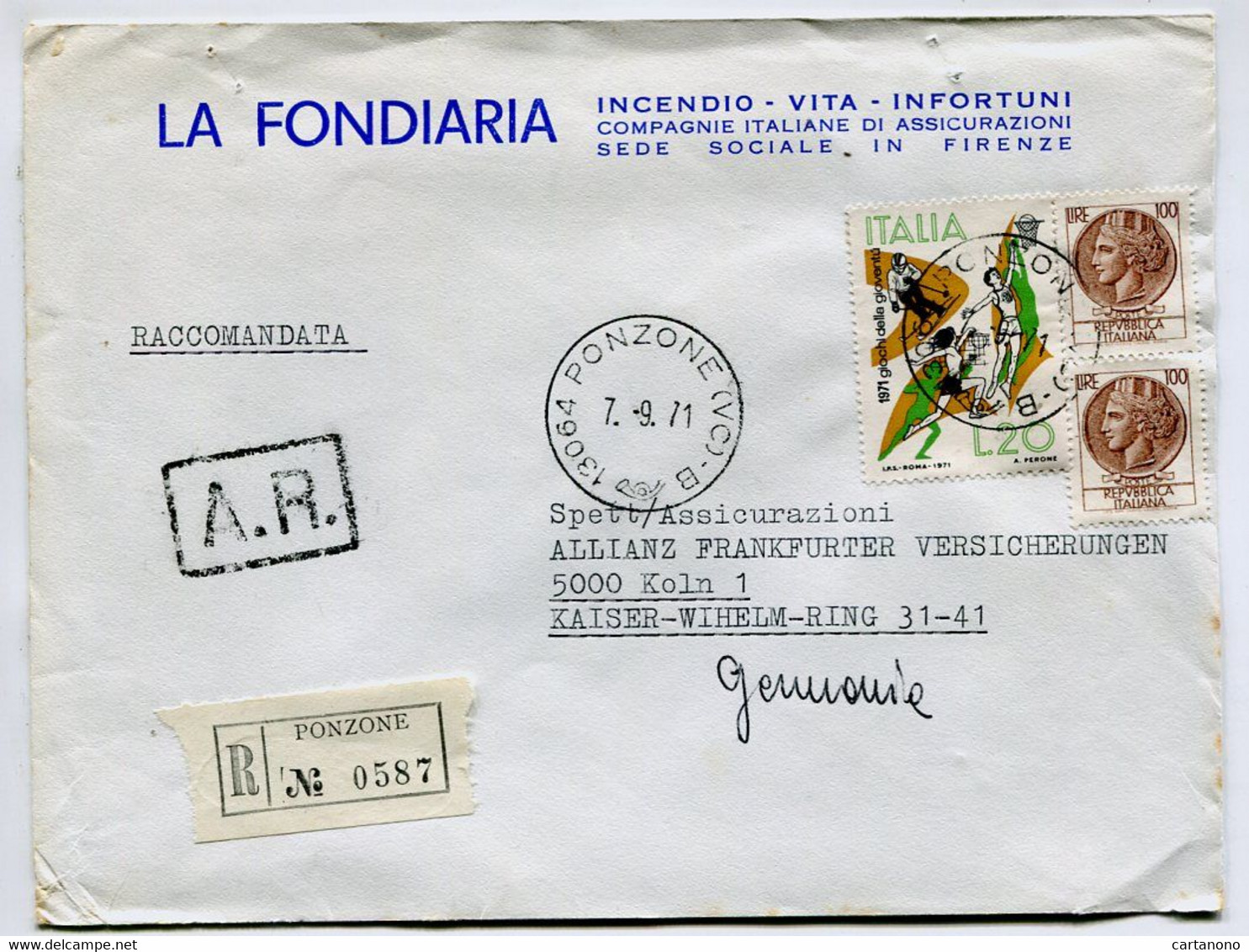 ITALIE Ponzone 1971 - Affranchissement Sur Lettre Recommandée Pour L'Allemagne - Sport Basket - Macchine Per Obliterare (EMA)