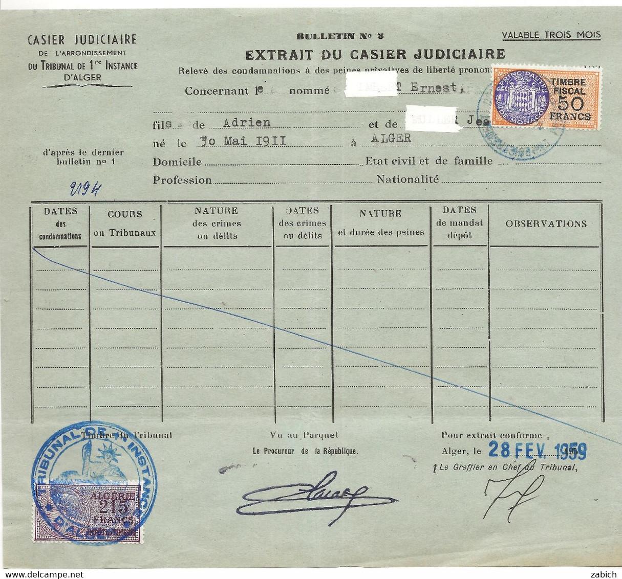 FISCAUX ALGERIE/ MONACO 1959 Algerie  SU 215F VIOLET Monaco N°12  50F ORANGE - Fiscales