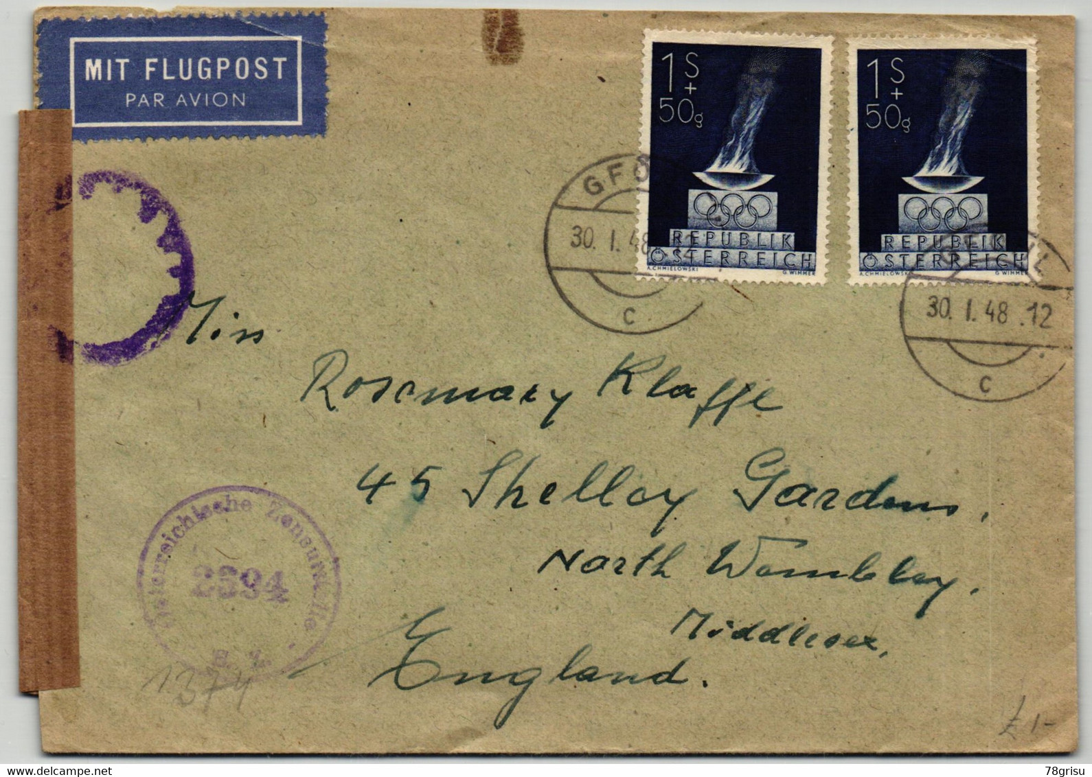 Austria 1948, Gföll Brief Gelaufen Nach England, Flugpost Zensur, Olympische Spiele - Zomer 1948: Londen