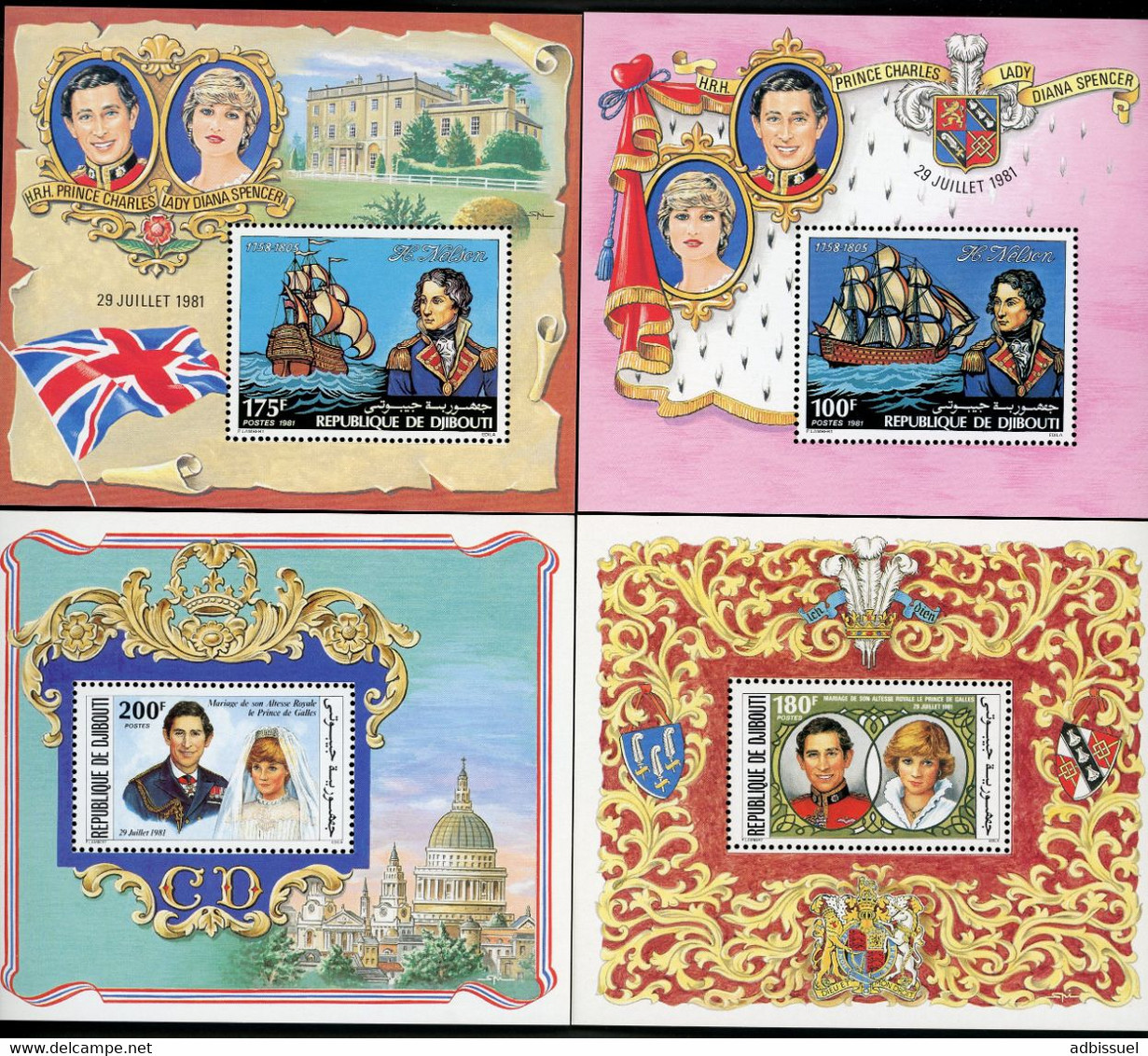 DJIBOUTI 4 Blocs Spéciaux COTE 66 € N° 535 + 536 + 537 + 538 MNH ** Prince Charles Lady Diana / Horatio NELSON. TB/VG - Koniklijke Families